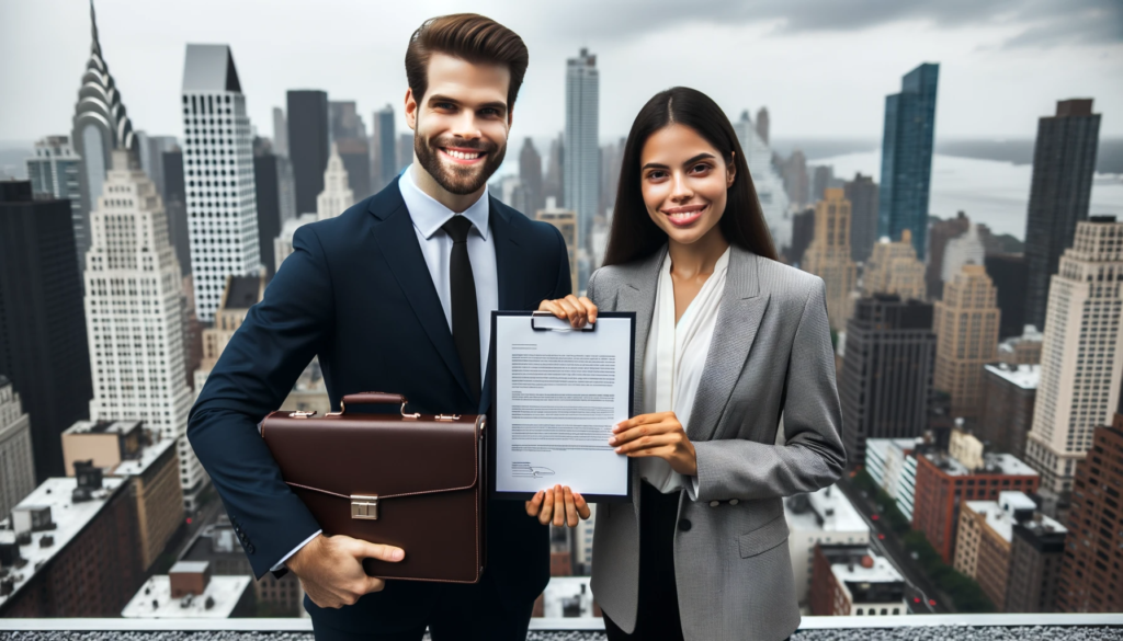 Business professionals on a city rooftop, holding a briefcase and a signed contract. The city skyline