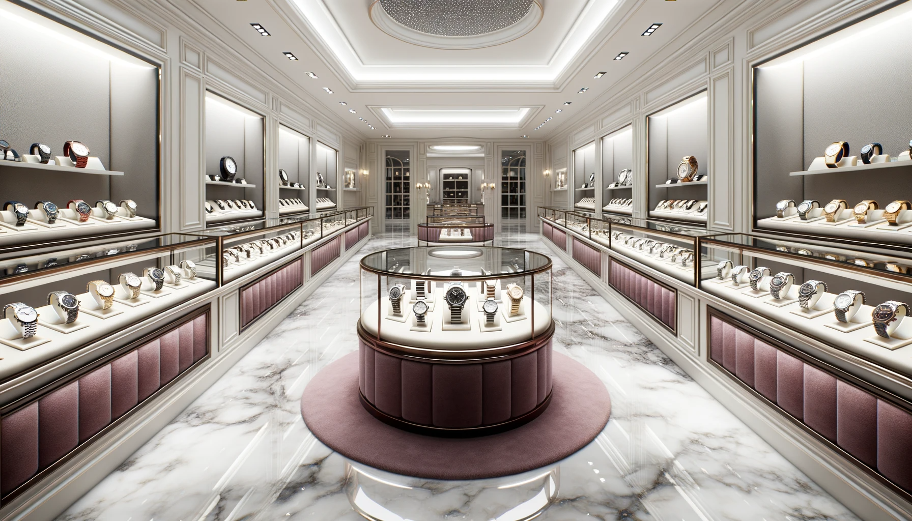Wide illustration of a high-end watch store interior.