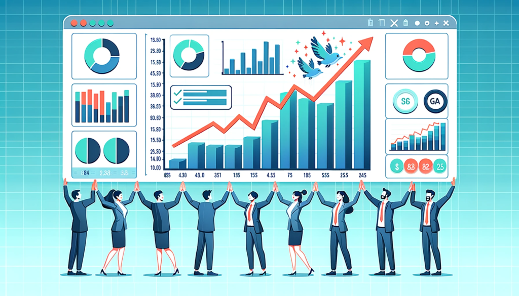 Dashboard displaying rising graphs and charts, with a sales team high-fiving each other in celebration of their achievements