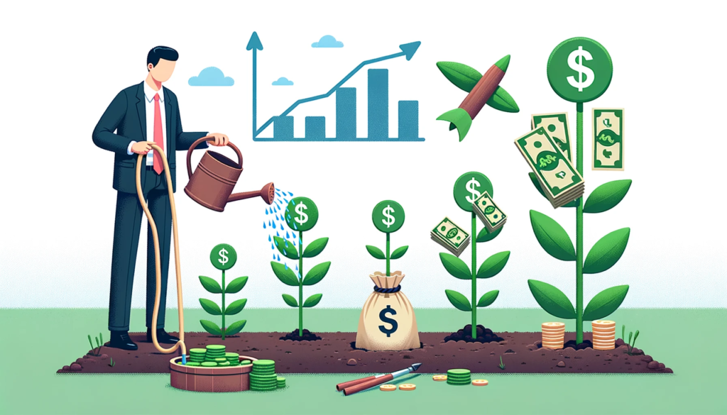 Sales representative planting seeds in a garden, and as they water them, tall plants with money and products sprout, symbolizing sales