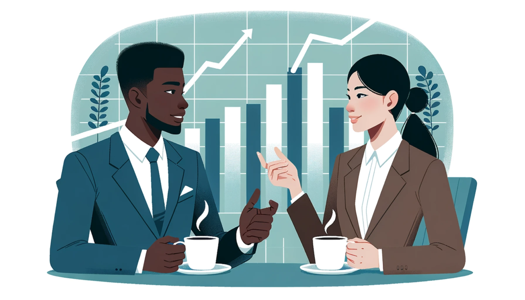 Two business professionals, one male of African descent and one female of Asian descent, engaged in a deep conversation over coffee.