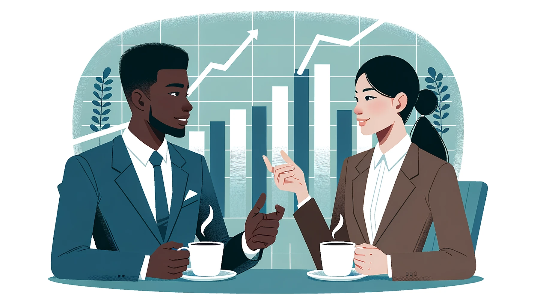Two business professionals, one male of African descent and one female of Asian descent, engaged in a deep conversation over coffee.