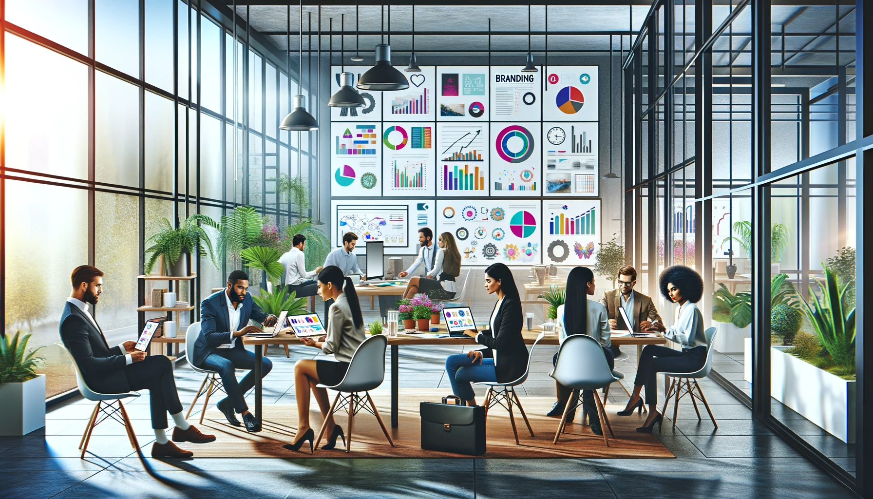 Bustling brand management office scene with multiple people working collaboratively.