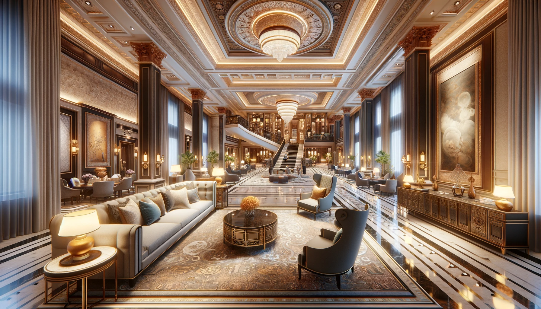 Hotel interior, showcasing the inside gallery. The scene should depict a luxurious and spacious hotel lobby.