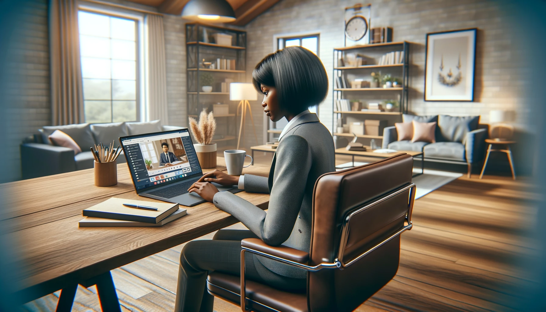 Scene of a participant in an online webinar. The setting is a spacious home office with modern decor, including a large desk, c