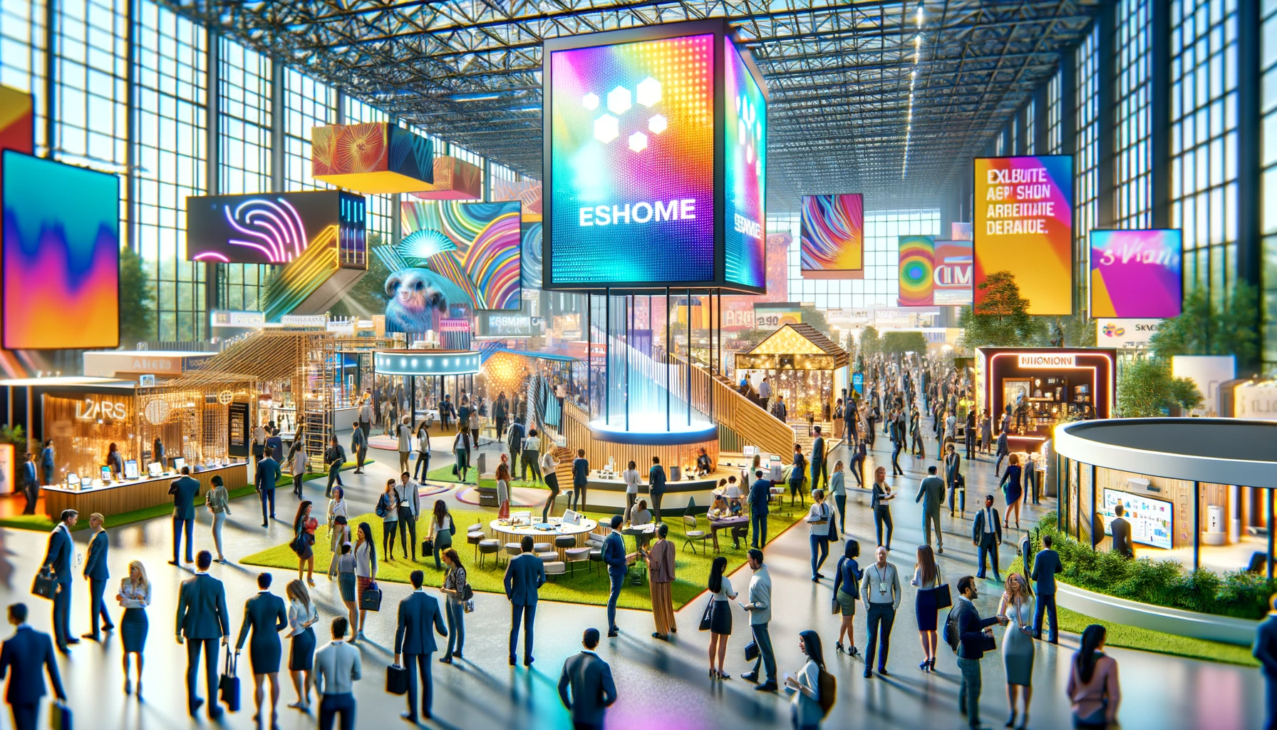 A bustling marketing event in a large, modern convention center.
