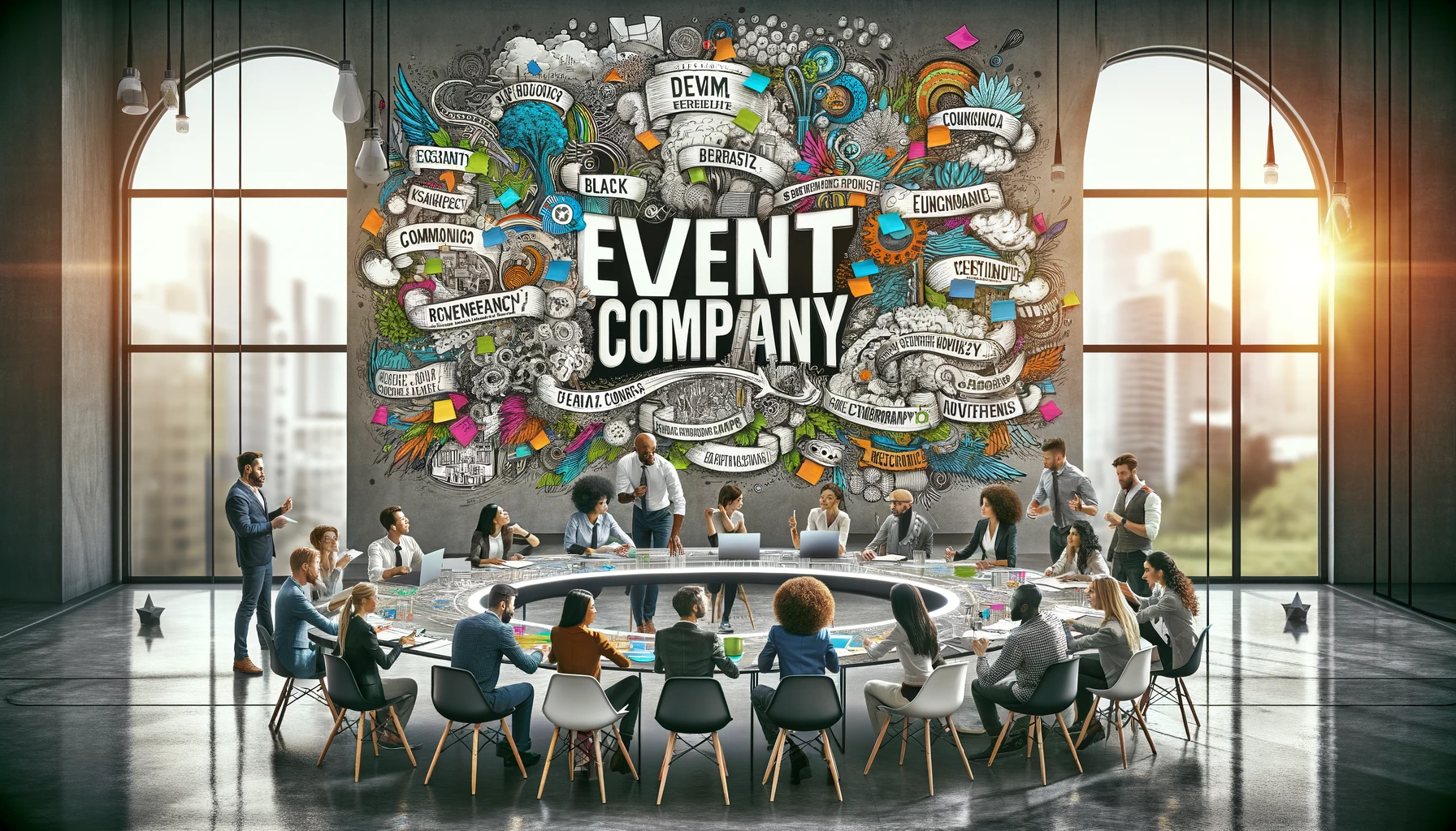 A creative and vibrant wide image depicting an event company brainstorming session.