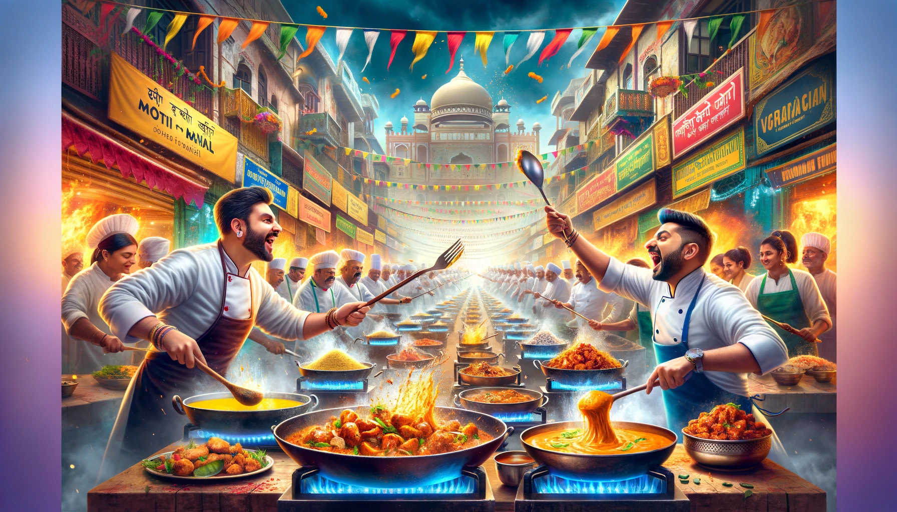 Illustration of culinary competition between two chefs, each representing the iconic Indian restaurants, Moti Mahal and Darya Ganj