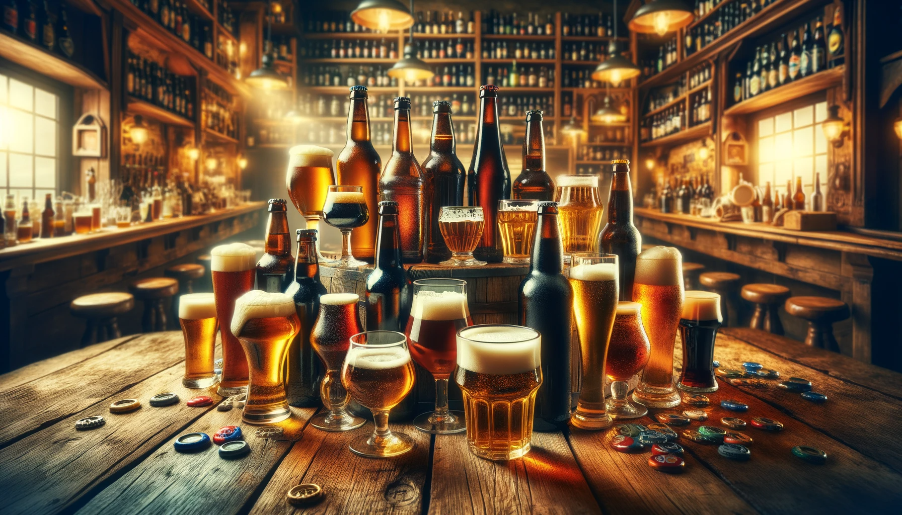 Image showcasing an array of different beer bottles and glasses, each filled with various types of beer brands.