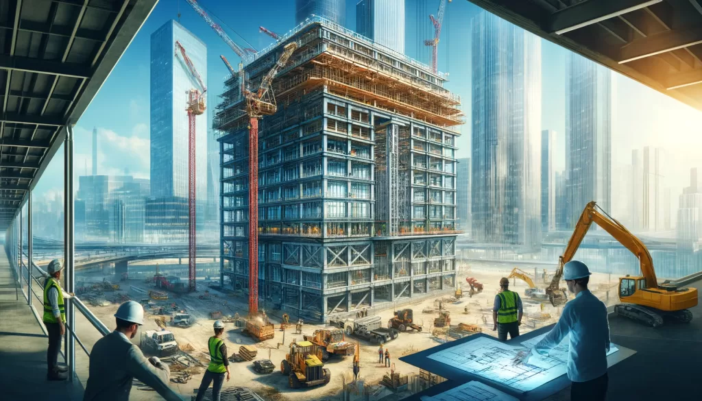 A busy construction site of a modern company building a large, innovative skyscraper. The scene features construction workers in safety gear operating