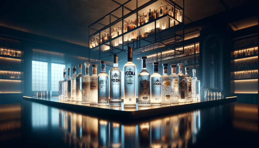 A wide panoramic display of various top vodka brands arranged elegantly on a modern bar shelf. The bottles are sleek and designed with clear glass and